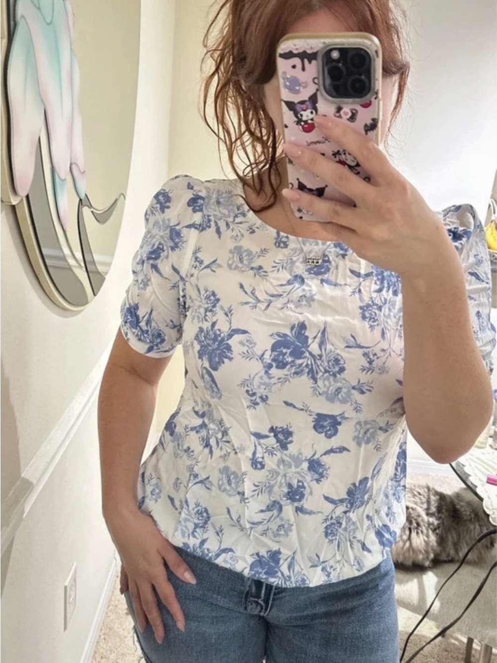 C&C California White Top with Blue Floral Print and Puff Sleeves